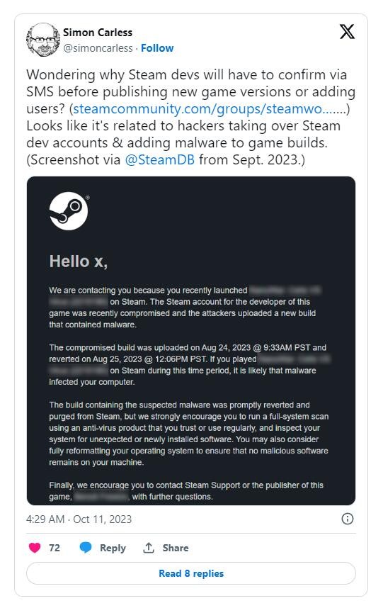 開發者現需通過短信驗證身份才能更新Steam游戲