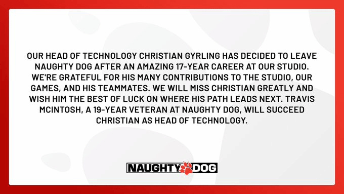 頑皮狗技術總監Christian Girling離職 供職17年