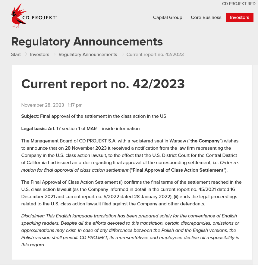 《賽博朋克2077》首發(fā)滑鐵盧投資者起訴CDP現(xiàn)已和解